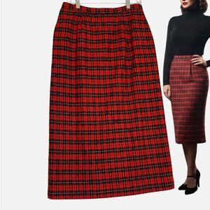 Pendleton VTG 90's Wool Pencil Skirt Red Black Tartan Plaid 12T Academia Holiday